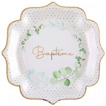 10 ASSIETTES CARTON BAPTÊME FEUILLAGE 21CM BLANC