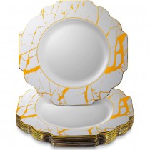 10 ASSIETTES RÉUTILISABLE MARBRÉ 27CM BLANC OR