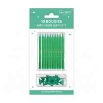 10 BOUGIES AVEC BOBÈCHES ANNIVERSAIRE 7.5CM VERT