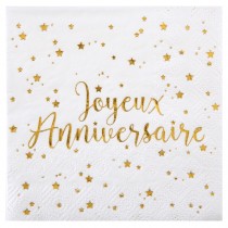 10 SERVIETTES PAPIER ANNIVERSAIRE OR 33CM BLANC