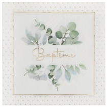 20 SERVIETTES PAPIER BAPTÊME FEUILLAGE 33CM BLANC