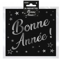 24 SERVIETTES PAPIER BONNE ANNÉE ARGENT 33CM NOIR