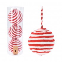 3 BOULES NOËL POLYESTER RAYÉ 10CM ROUGE BLANC