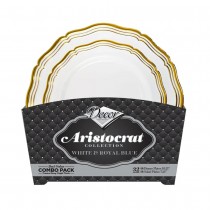 32 ASSIETTES RÉUTILISABLE ARISTOCRATE BLANC OR