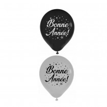 6 BALLONS LATEX BONNE ANNÉE 30CM ARGENT NOIR