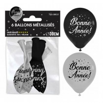 6 BALLONS LATEX BONNE ANNÉE 30CM ARGENT NOIR