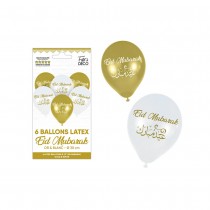 6 BALLONS LATEX EID MUBARAK 30CM BLANC OR