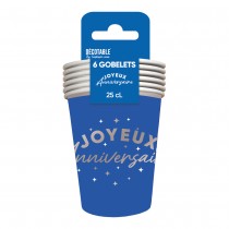 6 GOBELETS CARTON ANNIVERSAIRE 25CL BLEU