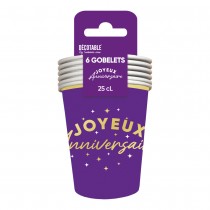 6 GOBELETS CARTON ANNIVERSAIRE 25CL VIOLET