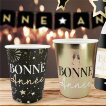 6 GOBELETS CARTON BONNE ANNÉE 25CL NOIR OR