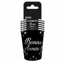 6 GOBELETS CARTON BONNE ANNÉE ARGENT 25CM NOIR