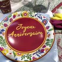 8 ASSIETTES CARTON ANNIVERSAIRE FLORAL 23CM ROUGE