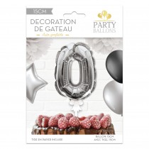 BALLON CHIFFRE 0 TIGE PAPIER GÂTEAU 15CM ARGENT