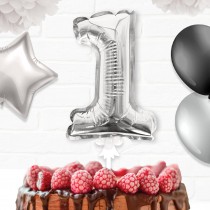 BALLON CHIFFRE 1 TIGE PAPIER GÂTEAU 15CM ARGENT