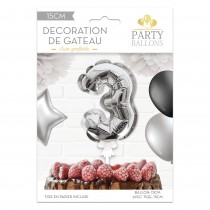 BALLON CHIFFRE 3 TIGE PAPIER GÂTEAU 15CM ARGENT