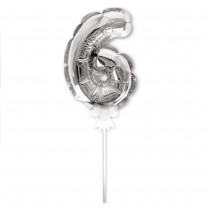 BALLON CHIFFRE 6 TIGE PAPIER GÂTEAU 15CM ARGENT