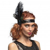 BANDEAU CHARLESTON PLUMES PAON STRASS NOIR FEMME