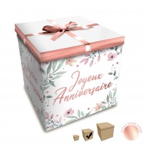 BOÎTE CADEAU FLEUR JOYEUX ANNIVERSAIRE 20X20CM ROSE