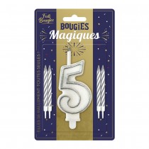 BOUGIES CHIFFRE 5 MÈCHE MAGIQUE 11CM BLANC