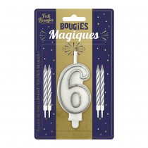 BOUGIES CHIFFRE 6 MÈCHE MAGIQUE 11CM BLANC