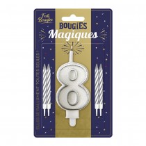 BOUGIES CHIFFRE 8 MÈCHE MAGIQUE 11CM BLANC