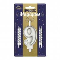 BOUGIES CHIFFRE 9 MÈCHE MAGIQUE 11CM BLANC