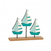 CENTRE DE TABLE BOIS 3 BATEAUX 17X4.5X15CM BLEU