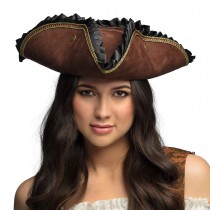 CHAPEAU TRICORNE MARRON À VOLANTS PIRATE ADULTE