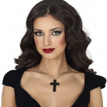 COLLIER CHAINE PENDENTIF CROIX 6CM NOIR ADULTE