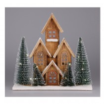 DÉCO MAISON BOIS LUMINEUSE LED 4 SAPINS 32X9X30CM