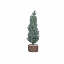 FIGURINE SAPIN GIVRÉ SOCLE BOIS ÉCORCE 20CM VERT