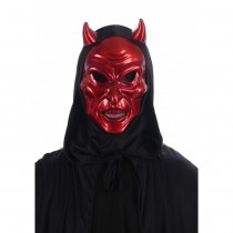 MASQUE DIABLE CORNES ROUGE BRILLANT CAPUCHE ADULTE