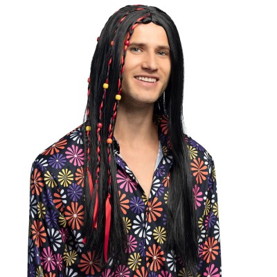 PERRUQUE FLOWER POWER CHEVEUX LONGS NOIR HOMME