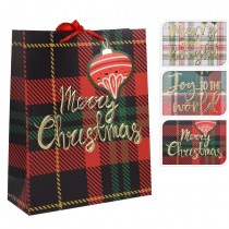 SAC CADEAU NOËL CARTON CARREAUX TARTAN 26X10X32CM