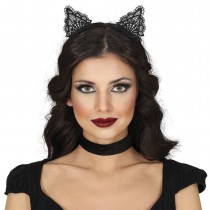 SERRE-TÊTE CHAT NOIR OREILLES BRODÉ DENTELLE FEMME